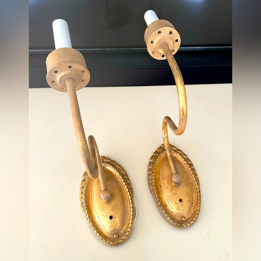 Hollywood Regency Palm Beach Gold Wall Sconces French Gilt Laurel Candle Form